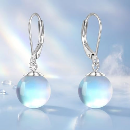 Pearl Leverback Earrings for Women Dangle Round Gemstone Earrings Birthstone Jewelry Gift Anniversary for Her - color: 13 Moonstone