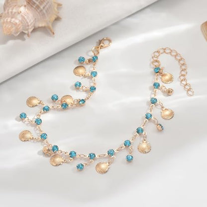 Ankle Bracelets for Women Gold Anklet Set Boho Vacation Gift | Gold anklet set for women 5 styles with matching gift pouch.Boho adjustable non-tarnish jewelry.Perfect present idea. - color: Blueshell