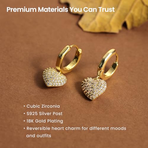 ARSIS Heart Charm Huggie Hoop Earrings for Women, Dainty 18K Gold Plated Heart Drop Hoops with CZ, Hypoallergenic, 925 Sterling Silver Posts, Tarnish-Free, Lightweight Jewelry Gift for Her - color: Heart Huggie Hoop