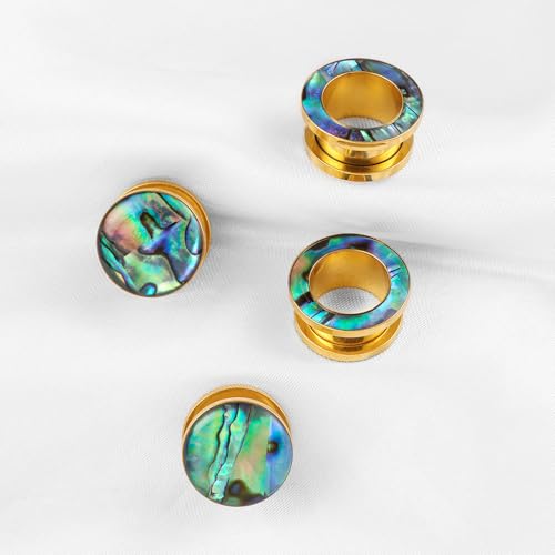 2 Pairs Abalone Pearl Shell Stainless Steel Ear Gauges Plugs and Tunnels, Size 2g - 1 inch Hypoallergenic Surgical Steel Ear Stretcher Expander Body Jewelry - color: BO1651 Gold, size: 16 mm (5/8 inch)