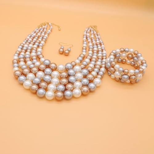 Faux Big Pearl Srand Necklaces for Women 5 Layers Pearls Choker Bib Collar Necklace Bracelet and Earrings set 1920s Costume Pearl Jewelry Bridal Wedding - color: colorful champagne