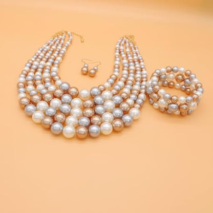 Faux Big Pearl Srand Necklaces for Women 5 Layers Pearls Choker Bib Collar Necklace Bracelet and Earrings set 1920s Costume Pearl Jewelry Bridal Wedding - color: colorful champagne