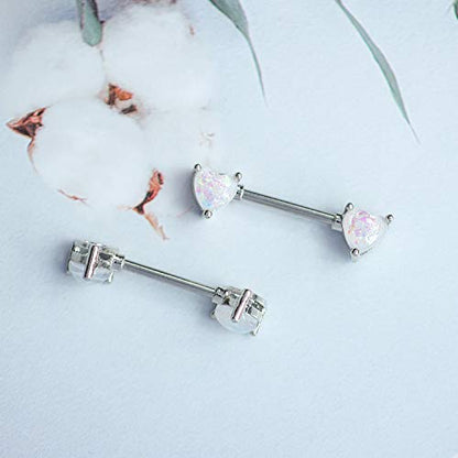 2PCS 14G Nipple Bars 316L Stainless Steel Nipple Barbell Ring Clear CZ Heart Nipple Rings Nipple Piercings Jewelry for Women - color: silver