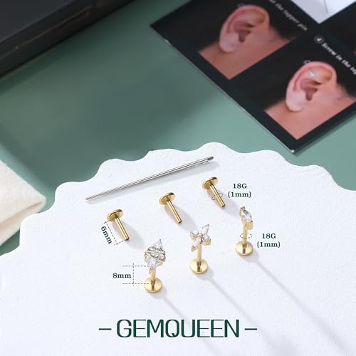 3 Pcs G23 Implant Grade Titanium Flat Back Earrings for Women Men | Hypoallergenic Internally Threaded 5A CZ Gold Flatback Stud, Tragus, Cartilage, Conch Piercing Jewelry for Sensitive Ears 18G - color: Gold 3
