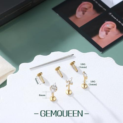3 Pcs G23 Implant Grade Titanium Flat Back Earrings for Women Men | Hypoallergenic Internally Threaded 5A CZ Gold Flatback Stud, Tragus, Cartilage, Conch Piercing Jewelry for Sensitive Ears 18G - color: Gold 3