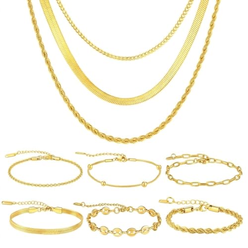 18K Gold Plated Necklace Bracelet Set Womens Stackable Adjustable Stainless Steel Minimalist Modern Everyday Jewelry Gift Gold and Silver - style: 9 Pcs Glod Jewelry Set