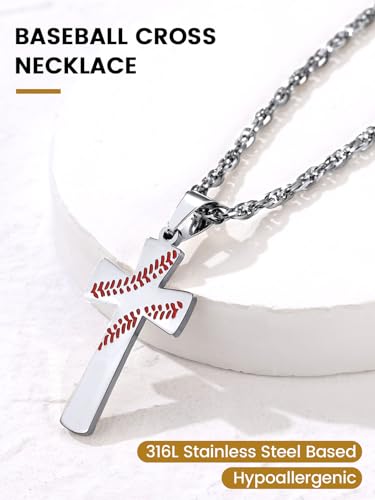 GOLDCHIC JEWELRY Sport Necklaces for Men Teen, Football Baseball Soccer Basketball Softball Necklaces with Stainless Steel Chain Athlete Jewelry Sports Fan Gift - color: Baseball Pattern Cross-Steel, style: NO Engraving