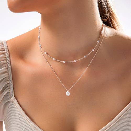 Zeffy Gold Pearl Necklace for Women, Dainty 14K Gold/Silve Plated Layered Pearl Choker Pearl Earrings Pearl Bracelets Wedding Trendy Gold Jewelry Set for Women Gifts - style: Silver Pearl Necklace-2PCS