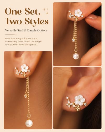Pearl Dangle Stud Earrings for Women, 925 Sterling Silver Post Drop Earring | Trendy Detachable Chain Earrings, CZ Flower Stud Earrings, Hypoallergenic Wedding Statement Jewelry for Brides - color: Gold 1