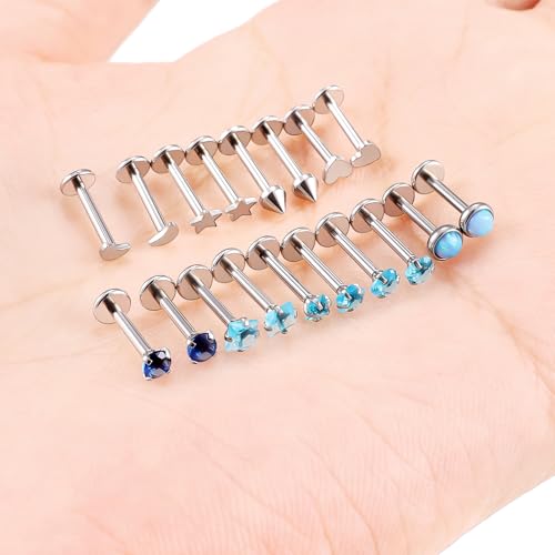 Threadless Noses Rings, Flat Back Earrings, 20/18/16g-Gauge 5/16in-Post 3mm-Top, Hypoallergenic Surgical Steel Medusa Lip Labret Cartilage Helix Tragus Conch Piercing Jewelry for Women Men - color: Blue, size: 16g*8mm