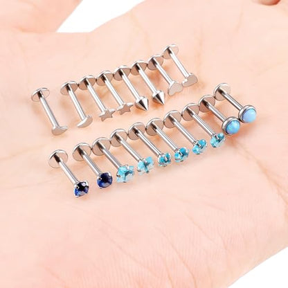 Threadless Noses Rings, Flat Back Earrings, 20/18/16g-Gauge 5/16in-Post 3mm-Top, Hypoallergenic Surgical Steel Medusa Lip Labret Cartilage Helix Tragus Conch Piercing Jewelry for Women Men - color: Blue, size: 16g*8mm