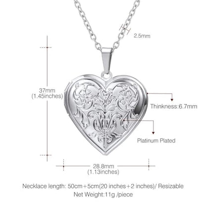 U7 Women Locket Necklace, Heart Photo Lockets Hold Picture, Gift Box Packed | Gold/Silver/Rose Locket Charm, Custom Picture and Engravement Heart Pendant, 20" Chain, Personalized Gift for Mom Wife Friend - color: 02# Platinum*Flower Grain