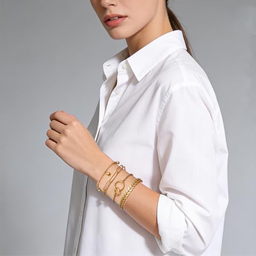 Alegend 14K Gold Plated Stackable Multilayer Bracelets + Titanium Steel(Not Rust, Resist Corruption, Easily Clean) 18K Gold Plated Single Bracelets - color: 14K Gold + 4PCS C