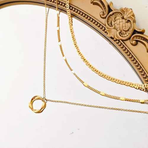 Airmb Gold Layered Necklaces for Women 14k Gold Plated Dainty Stackable Choker Necklaces for Women Trendy Layering Chain Cute Pendant Necklace Set Gold Jewelry for Women - color: Gold-Circle Pendant-Mariner Chain