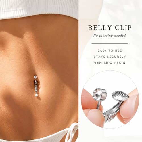 Zolure Gold/Silver Fake Belly Ring 3PCS Clip on Belly Button Rings Surgical Steel Non Piercing Navel Ring Devil Butterfly Clear CZ Dangle Fake Belly Piercing Jewelry with Pain Reducing Silicone Pad - color: silver