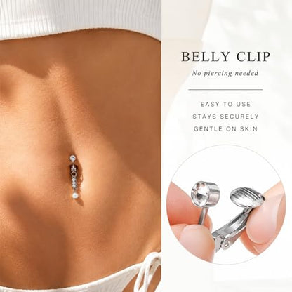Zolure Gold/Silver Fake Belly Ring 3PCS Clip on Belly Button Rings Surgical Steel Non Piercing Navel Ring Devil Butterfly Clear CZ Dangle Fake Belly Piercing Jewelry with Pain Reducing Silicone Pad - color: silver