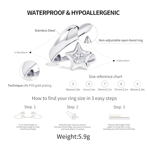Chunky Gold Rings for Women Stainless Steel Non Tarnish Star&Heart Cubic Zirconia Teardrop Ring 18K Gold Plated Statement Dome Rings Stackable Jewelry for Women - color: Silver