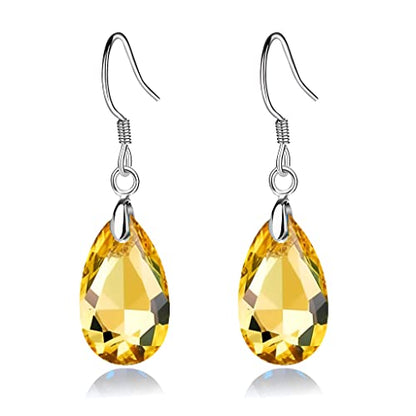 Austrian Crystal Teardrop Drop Earrings for Women, French Hook | 925 Sterling Silver Hook, Crystal Dangle Earrings, Sparkly Teardrop Stone, Lightweight Feel, Day-To-Evening Wear - color: Yellow