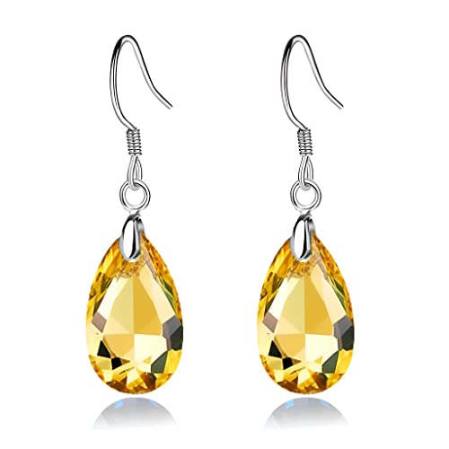 Austrian Crystal Teardrop Drop Earrings for Women, French Hook | 925 Sterling Silver Hook, Crystal Dangle Earrings, Sparkly Teardrop Stone, Lightweight Feel, Day-To-Evening Wear - color: Yellow