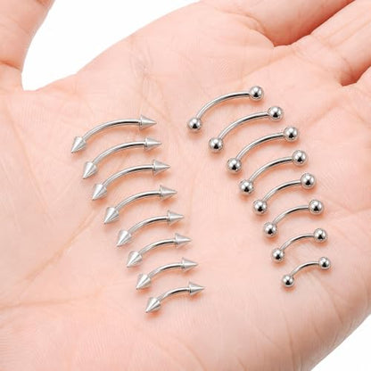 16-Piece 16G Curved Barbell Eyebrow Rings, Ball/Spike, 6-12mm | Hypoallergenic 316L steel with 3mm ball and spike ends for eyebrow, rook, vertical labret, lip, navel and daith piercings