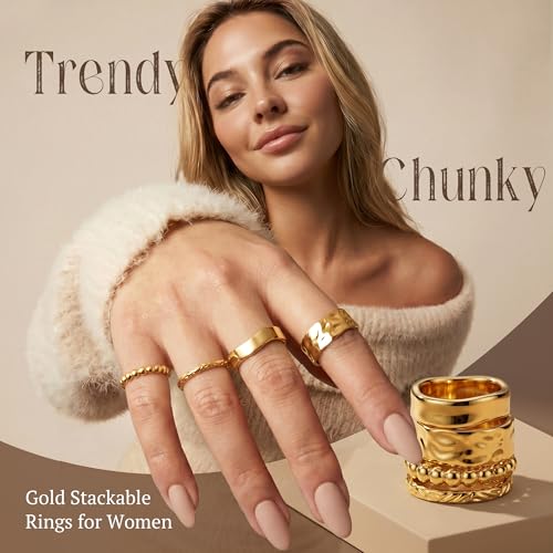 Chunky Gold Rings for Women Non Tarnish Dainty Stackable Silver Rings | 14K Gold Plated Stacking Thumb Rings Set,Trendy Statement Promise Wedding Band Ring,Size 5-11 - color: Gold