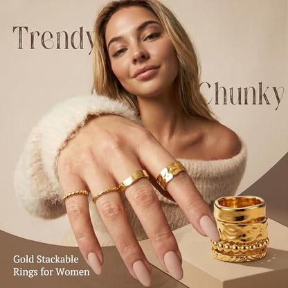 Chunky Gold Rings for Women Non Tarnish Dainty Stackable Silver Rings | 14K Gold Plated Stacking Thumb Rings Set,Trendy Statement Promise Wedding Band Ring,Size 5-11 - color: Gold