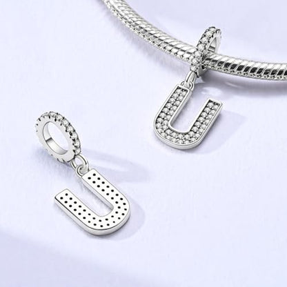 Hapour Letter 925 Sterling Silver Charm with Cubic Zirconia Alphabet A-Z Initial Dangle Charms Beads Pendent DIY Jewelry for Bracelets Necklace - color: U