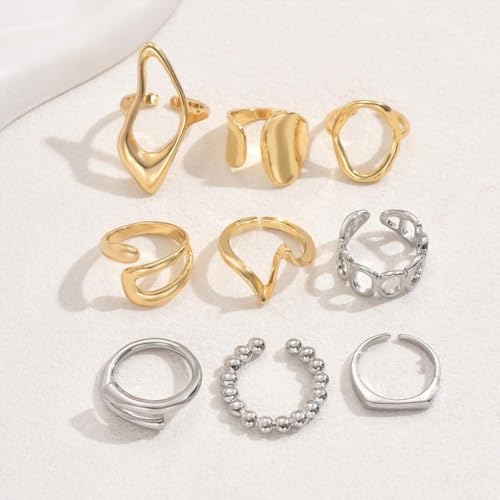 FUTIMELY 9Pcs Chunky Knuckle Ring Set,Vintage Two Tone Dainty Geometric Stackable Midi Rings Set,Charming Hollow Personalized Open Joint Rings for Women