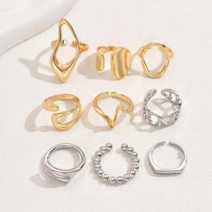 FUTIMELY 9Pcs Chunky Knuckle Ring Set,Vintage Two Tone Dainty Geometric Stackable Midi Rings Set,Charming Hollow Personalized Open Joint Rings for Women