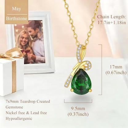 Infinity Birthstone Necklace for Women, Gold Plated Teardrop Cubic Zirconia Pendant, Created Gemstone Twist Necklace for Birthday, Her, Mom, Friend - color: Emerald-green-May
