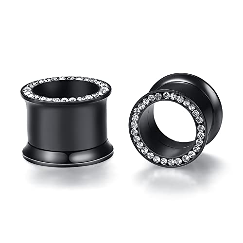 WBRWP 2pcs Hollow Gold Stainless Steel with Zircon Ear Plugs Tunnels - Ear Expander - Ear Gauges Stretcher Body Piercing Jewelry 8g-5/8 - color: Black with CZ