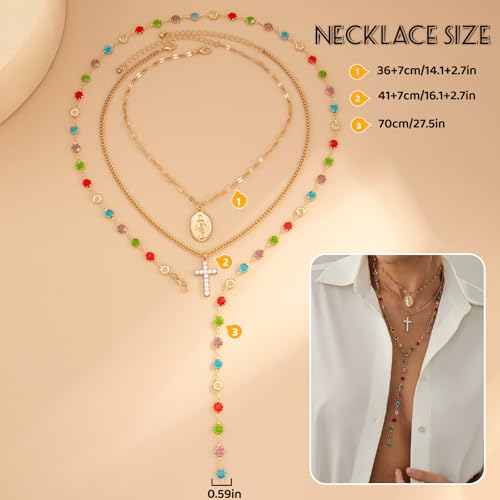 Layered Cross Necklace Set for Women, Layered Choker Necklaces Trendy Jewelry, Colorful Enamel Beaded Y-Shaped Lariat Necklace, Boho Multilayer Cross Necklace for Party and Daily Wear - color: Gold-12