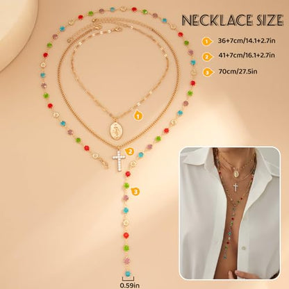 Layered Cross Necklace Set for Women, Layered Choker Necklaces Trendy Jewelry, Colorful Enamel Beaded Y-Shaped Lariat Necklace, Boho Multilayer Cross Necklace for Party and Daily Wear - color: Gold-12