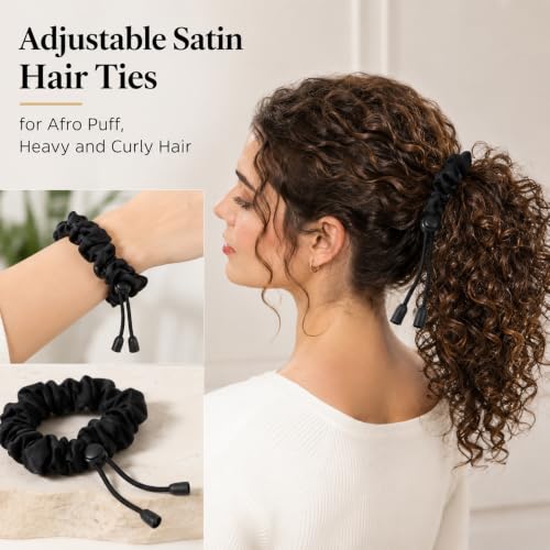 6Pcs Black Adjust Satin Hair Tie, Adjustable Black Hair Ties Satin Scrunchies Elastic Satins Headband for Women Girls Afro Puff Thick Curly Hairs Adjustable Loc Accessories for Blacks Women