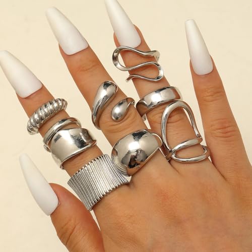 Chunky Gold Rings for Women Rhinestone Stackable Knuckle Ring Set Open Adjustable Statement Ring Set Dainty Crown Cross Midi Rings Fashion Jewelry Gift for Women - color: Silver4