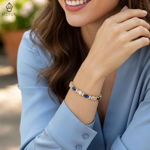 MDFUN 18K White/Yellow Gold Plated Green/Blue 5 * 7MM Oval 5A+ Cubic Zirconia Tennis Bracelet for Women Birthstone Jewelry Gift 6.5-8.5 inch - color: 18K Yellow Gold -Blue