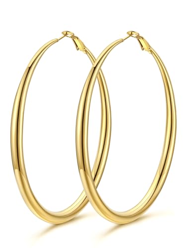 KeyStyle 5mm Thick Hoop Earring，Large Gold Hoop Earrings for Women | Stainless Steel Hoops Earring 14K Gold Plated/Silver/Black Hoop Lightweight Hypoallergenic Hollow Tube Hoop(40/60/80MM) - color: Gold, size: 80mm