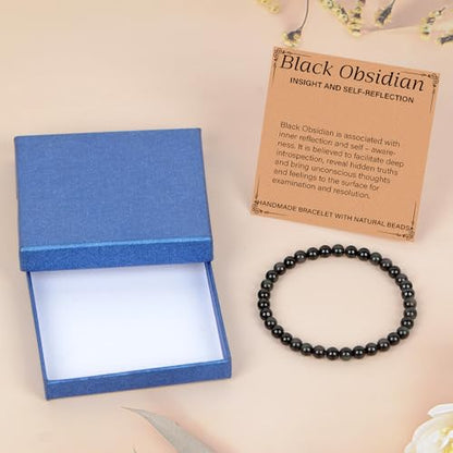 LPBeads Handmade Natural Gemstone Stretch Elastic Bracelet Healing Crystal Round Stone Beads Jewelry Gifts for Women Men - color: Black Obsidian, size: 6mm