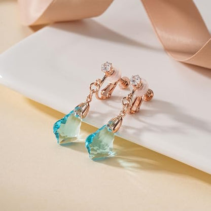 Austrian Crystal Baroque Drop Clip On Dangle Earrings for Women Non Pierced 14K Rose Gold Plated Hypoallergenic Jewelry - color: Aquamarine