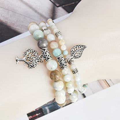 YGLINE Tree of Life Yoga Healing Stone Bracelets,Multilayer Lotus Chakra Stone Reiki Bracelet Sets,Anxiety Crystal Natural Stone,for Women Stress Relief - color: Amazonite-3w