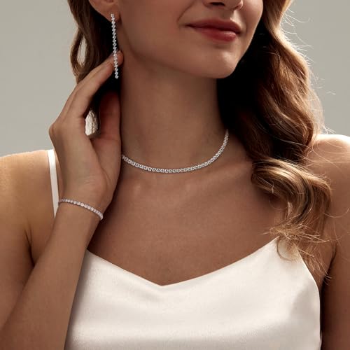 HAXIYA Tennis Necklace Bracelet for Women, Sterling Sliver Jewelry Set, Silver/Gold Chocker Necklace, Crystal Bracelet for Women, Wedding Jewelry for Bride, Sparkly Party Prom Hypoallergenic - color: Rhombus Set of 3 - Silver