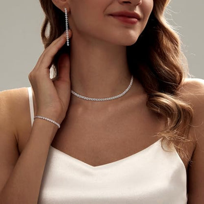HAXIYA Tennis Necklace Bracelet for Women, Sterling Sliver Jewelry Set, Silver/Gold Chocker Necklace, Crystal Bracelet for Women, Wedding Jewelry for Bride, Sparkly Party Prom Hypoallergenic - color: Rhombus Set of 3 - Silver