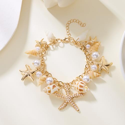 Shell Starfish Bracelet Seahorse Conch Starfish Sea Shell Pearls Charm Stone Bracelet Statement Bohemian Sea Themed Beach Jewelry for Women - color: Gold