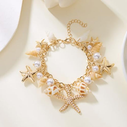 Shell Starfish Bracelet Seahorse Conch Starfish Sea Shell Pearls Charm Stone Bracelet Statement Bohemian Sea Themed Beach Jewelry for Women - color: Gold