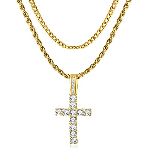GEMOSA Cross Necklace for Men, Cuban Link Layered Rope Chain Silver/Gold/Black - color: Yellow Gold, size: 22/24inch