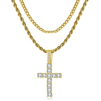 GEMOSA Cross Necklace for Men, Cuban Link Layered Rope Chain Silver/Gold/Black - color: Yellow Gold, size: 22/24inch