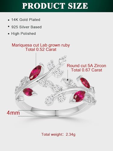 Silver Leaf Ring for Women 925 Sterling Silver Yellow Gold Plated CZ Inlaid Marquise Sapphire/Ruby/Emerald Cocktail Rings Size 6 to 10 - color: Ruby - Silver