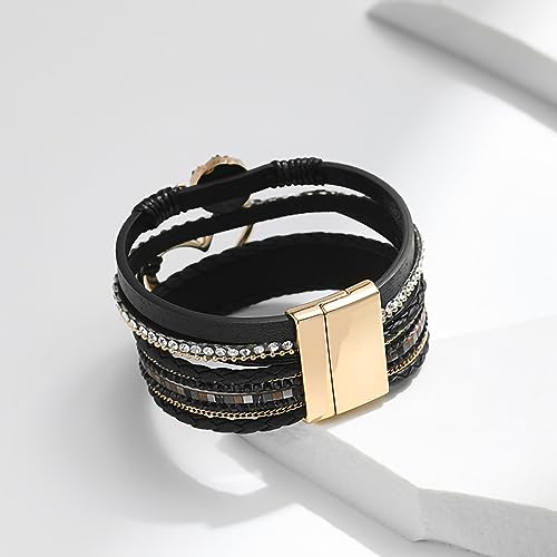 Fesciory Leather Wrap Bracelet for Women, Boho Western Layered Cuff Jewelry | Stackable Bracelets, Easy-On Clasp, Daily Wear, Pairs with Boho Western Outfits, Gift for Women - color: Black1