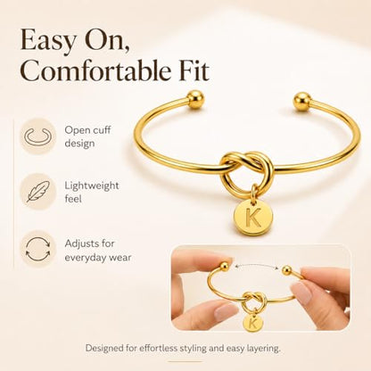 LemonRose Initial Bracelets for Women - Dainty Tie the Knot Letter A-Z 14K Gold Plated for Women Gold Cuff Bracelet for Womens Jewelry Personalized Bridesmaid Proposal Gifts - color: Gold K