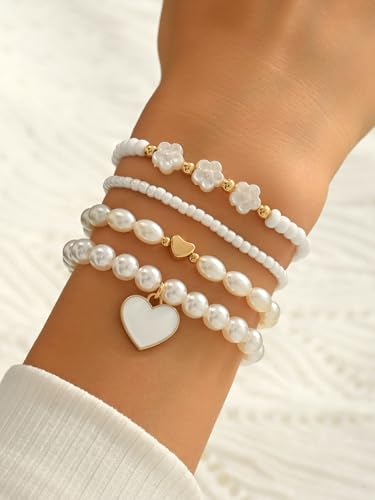 Pearl Bracelets for Women Simulated Pearl Beaded Bracelet White Pearls Stackable Stretch Bracelet Set Multilayered Elastic Pearls Bracelets for Women Bridesmaid Bridal Jewelry - color: white heart